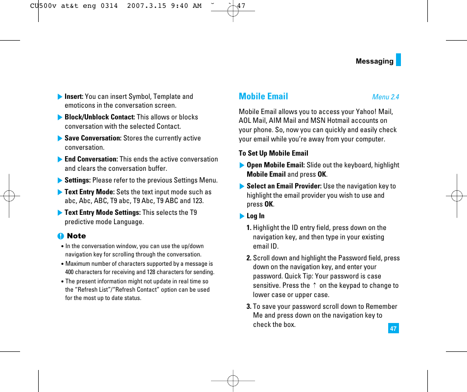 Mobile email | LG CU500V User Manual | Page 51 / 230