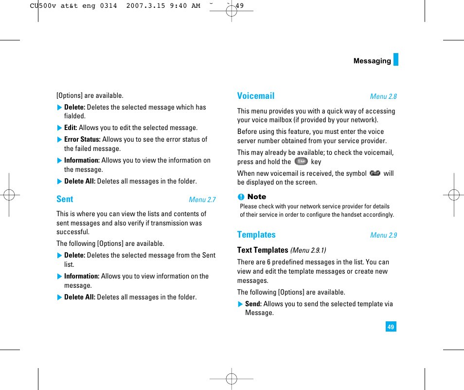 Sent, Voicemail, Templates | LG CU500V User Manual | Page 53 / 230
