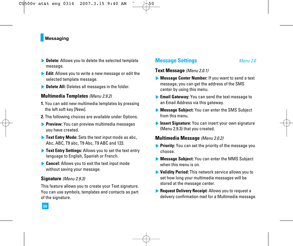 Message settings | LG CU500V User Manual | Page 54 / 230