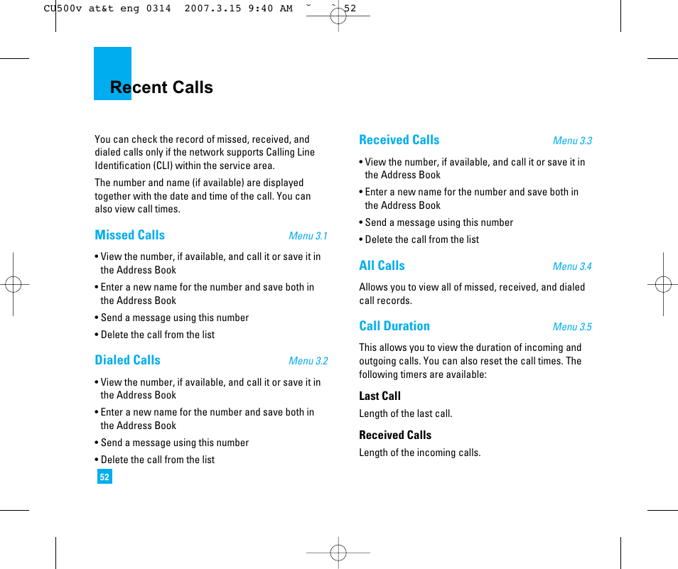 Recent calls | LG CU500V User Manual | Page 56 / 230