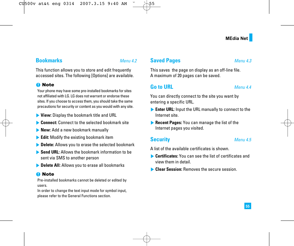 Bookmarks, Saved pages, Go to url | Security | LG CU500V User Manual | Page 59 / 230