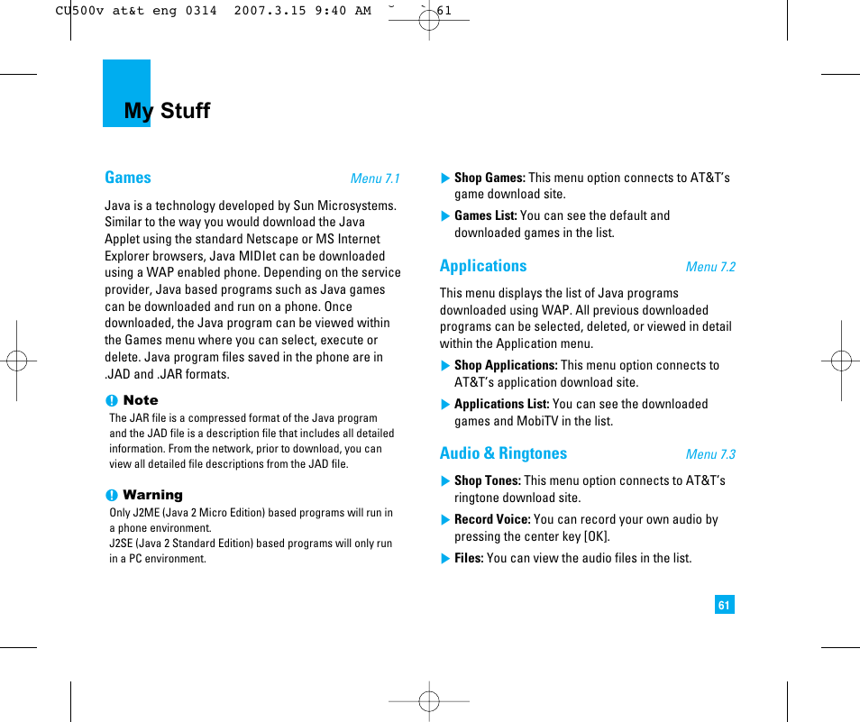 My stuff | LG CU500V User Manual | Page 65 / 230