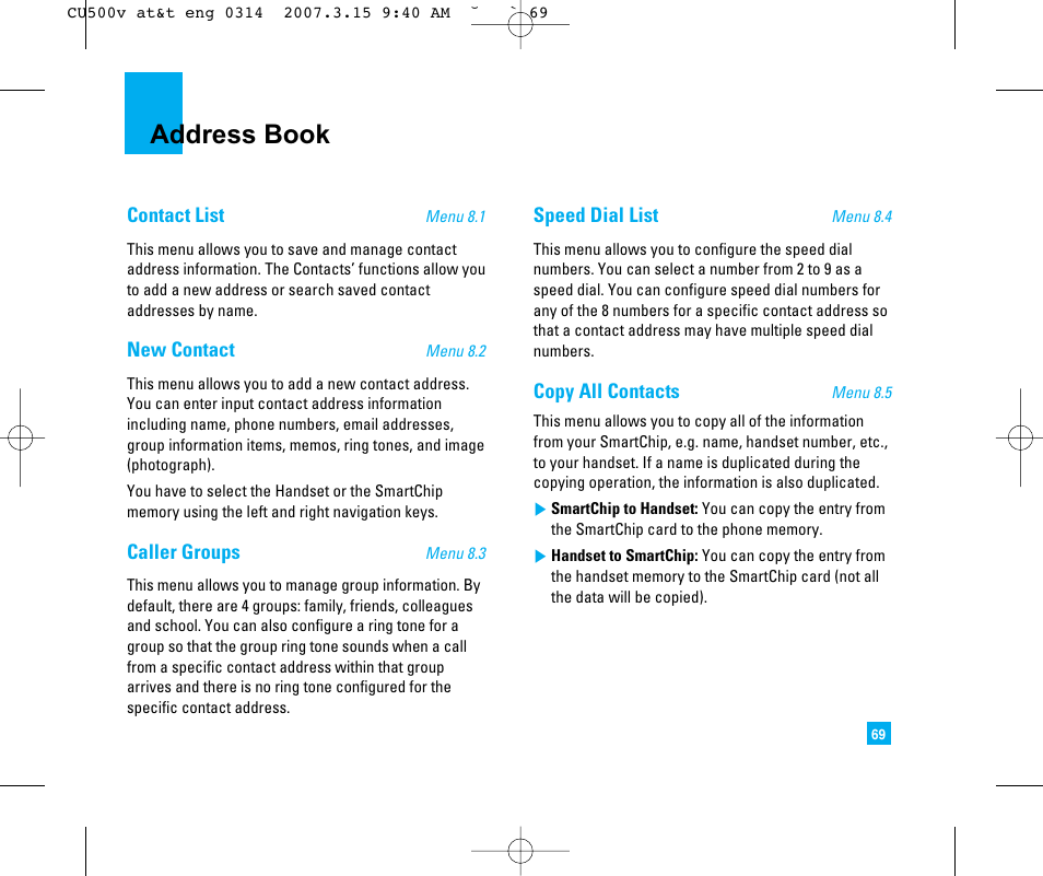 Address book | LG CU500V User Manual | Page 73 / 230