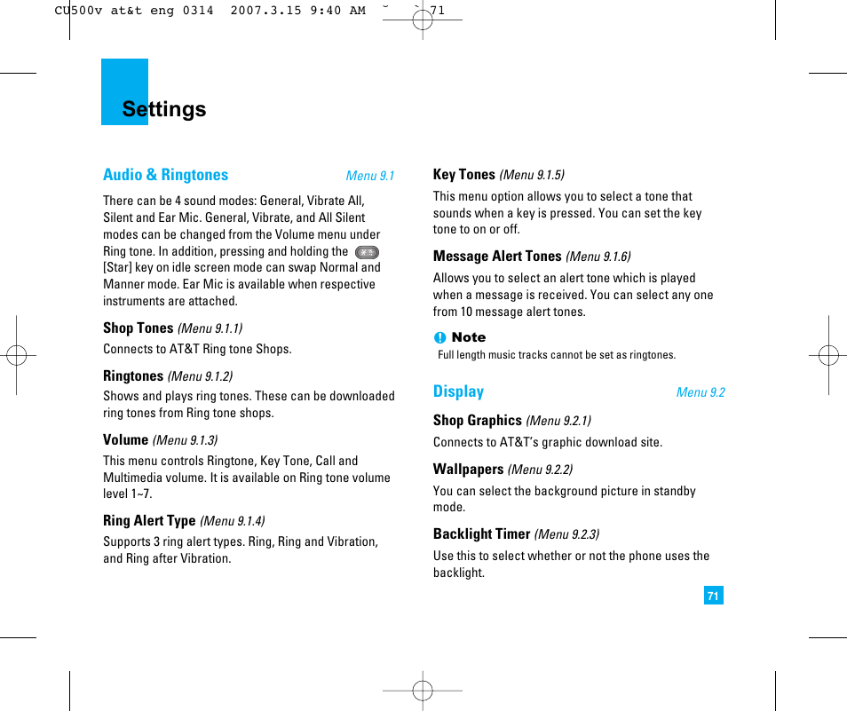 Settings | LG CU500V User Manual | Page 75 / 230
