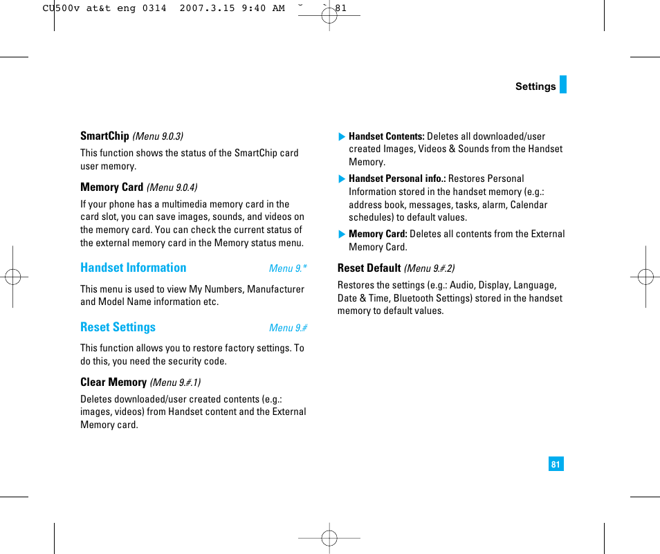 Handset information, Reset settings | LG CU500V User Manual | Page 85 / 230