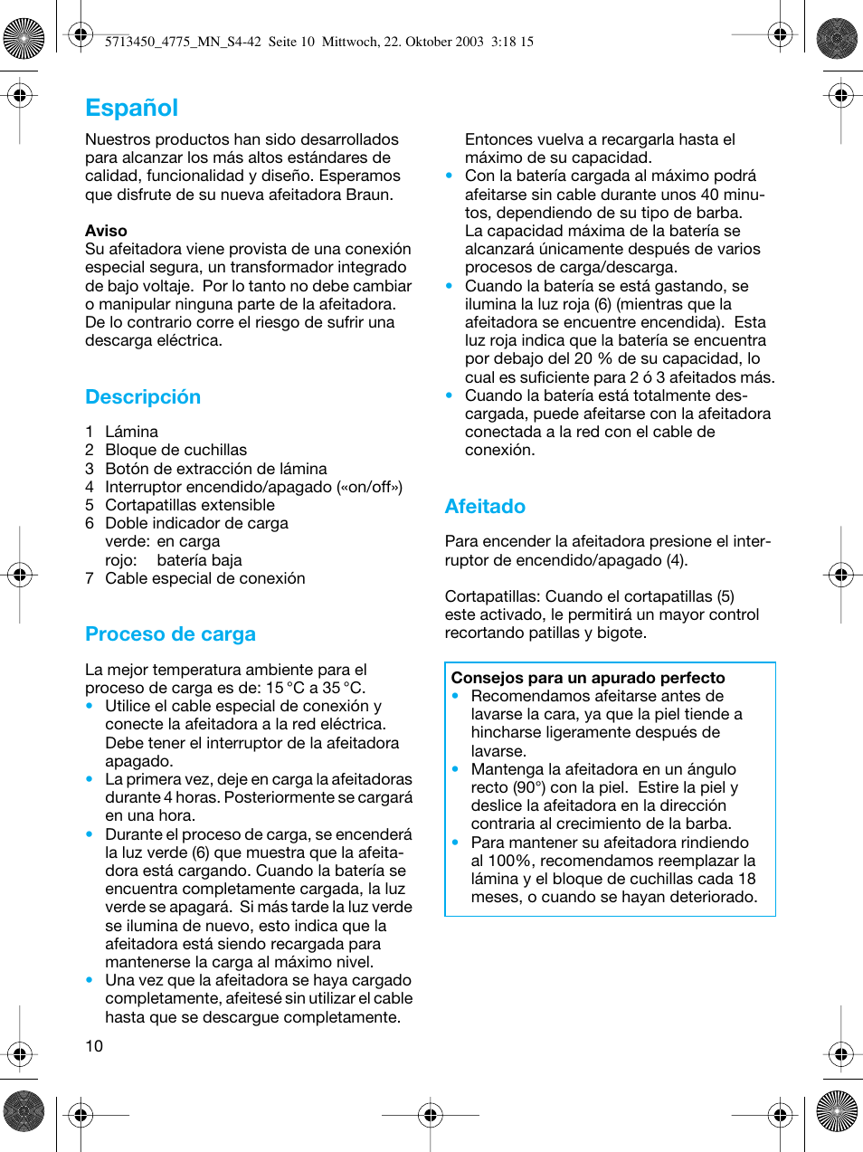 Español, Descripción, Proceso de carga | Afeitado | Braun 4775 TriControl User Manual | Page 10 / 40