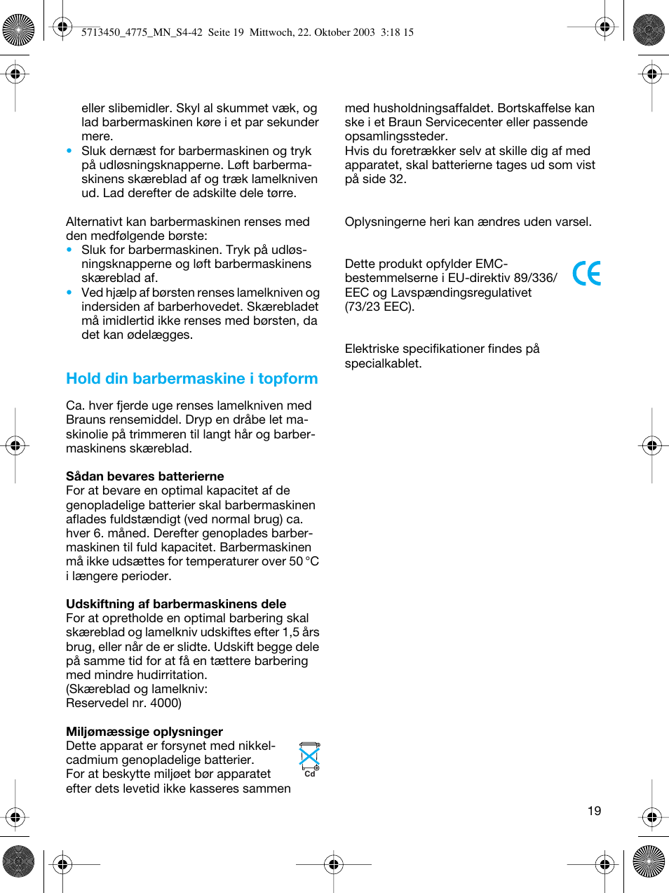 Hold din barbermaskine i topform | Braun 4775 TriControl User Manual | Page 19 / 40