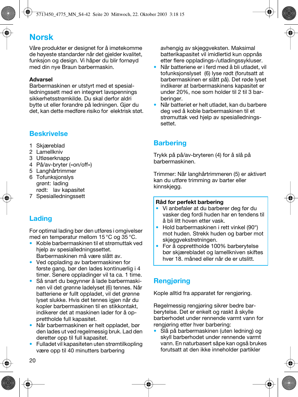 Norsk, Beskrivelse, Lading | Barbering, Rengjøring | Braun 4775 TriControl User Manual | Page 20 / 40