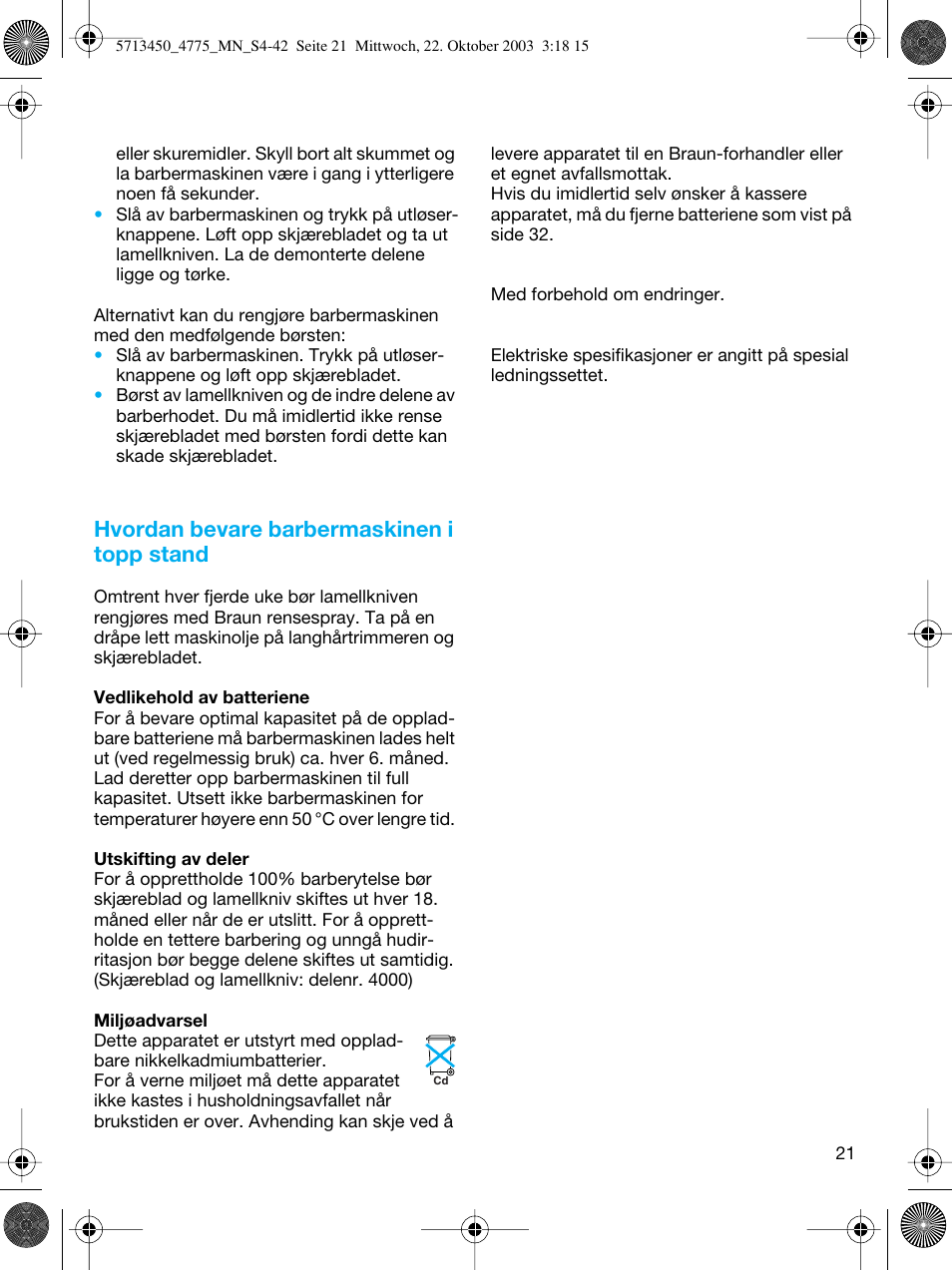 Hvordan bevare barbermaskinen i topp stand | Braun 4775 TriControl User Manual | Page 21 / 40