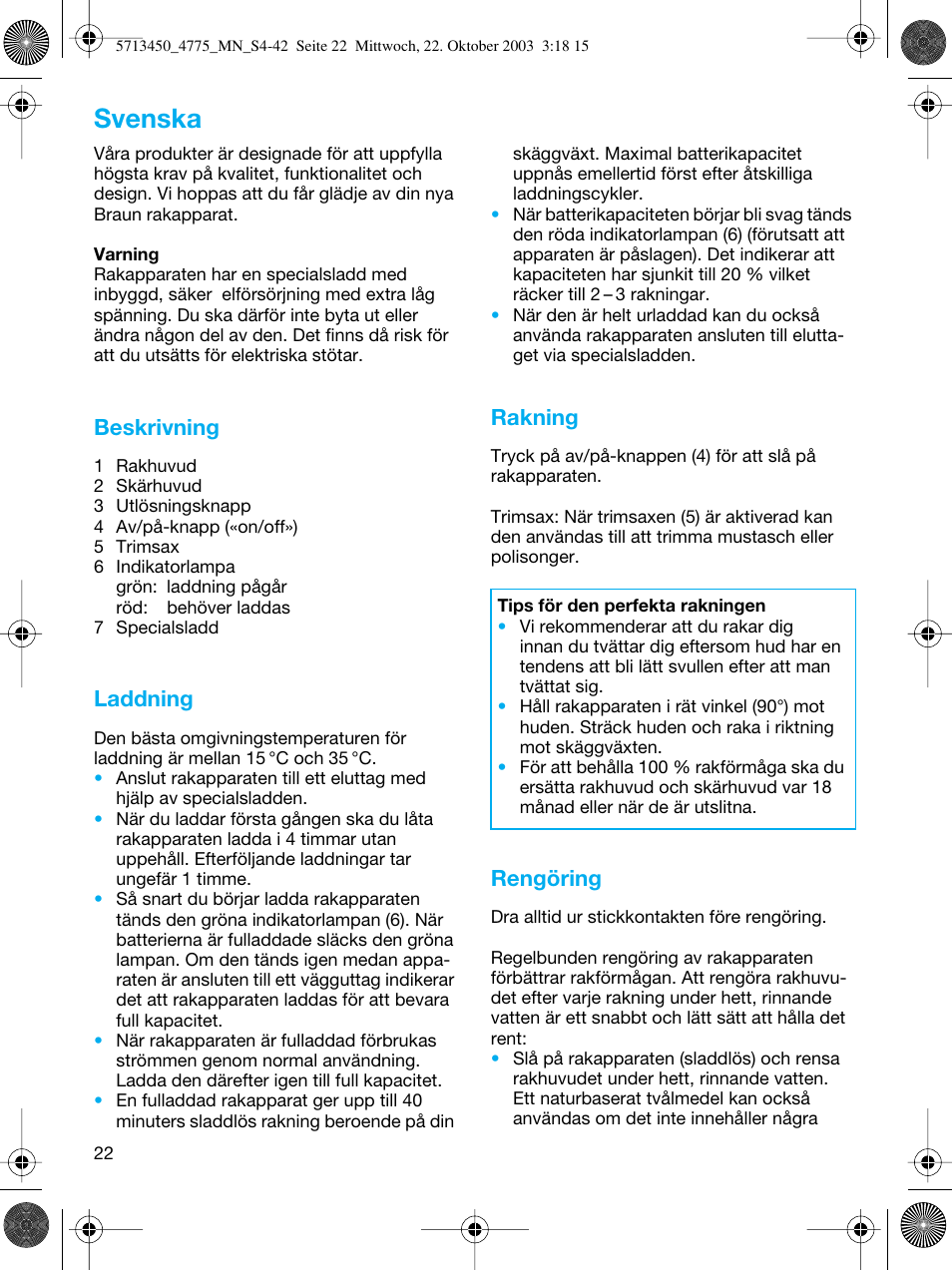 Svenska, Beskrivning, Laddning | Rakning, Rengöring | Braun 4775 TriControl User Manual | Page 22 / 40