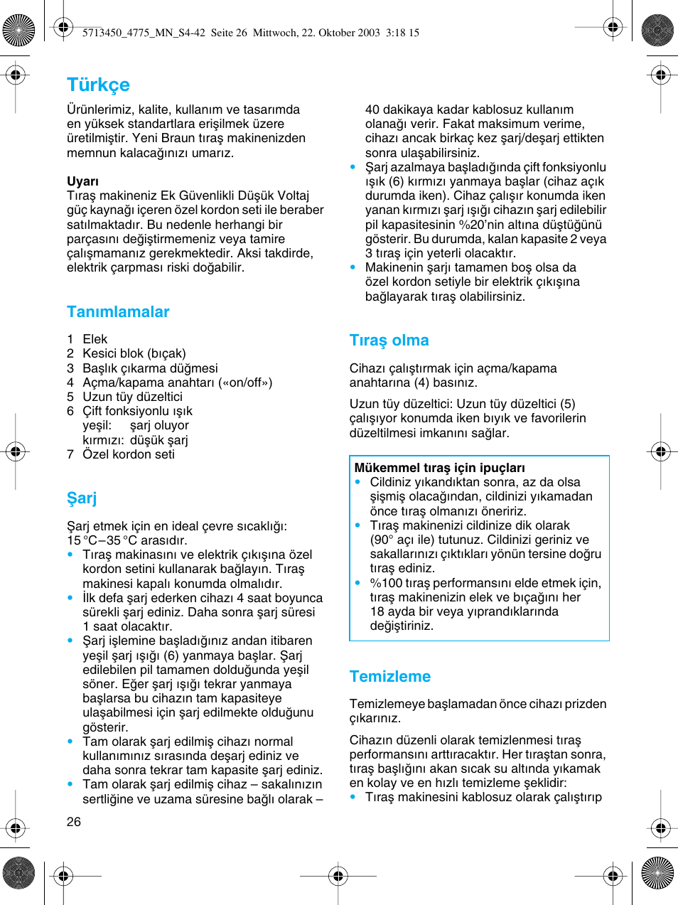 Türkçe, Tan∂mlamalar, Ωarj | T∂raµ olma, Temizleme | Braun 4775 TriControl User Manual | Page 26 / 40