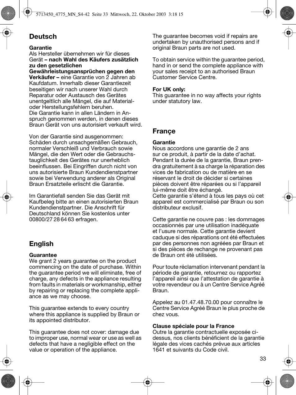 Deutsch, English, Françe | Braun 4775 TriControl User Manual | Page 33 / 40