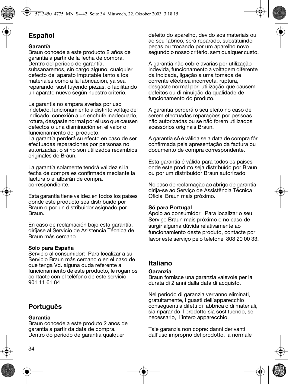 Español, Português, Italiano | Braun 4775 TriControl User Manual | Page 34 / 40