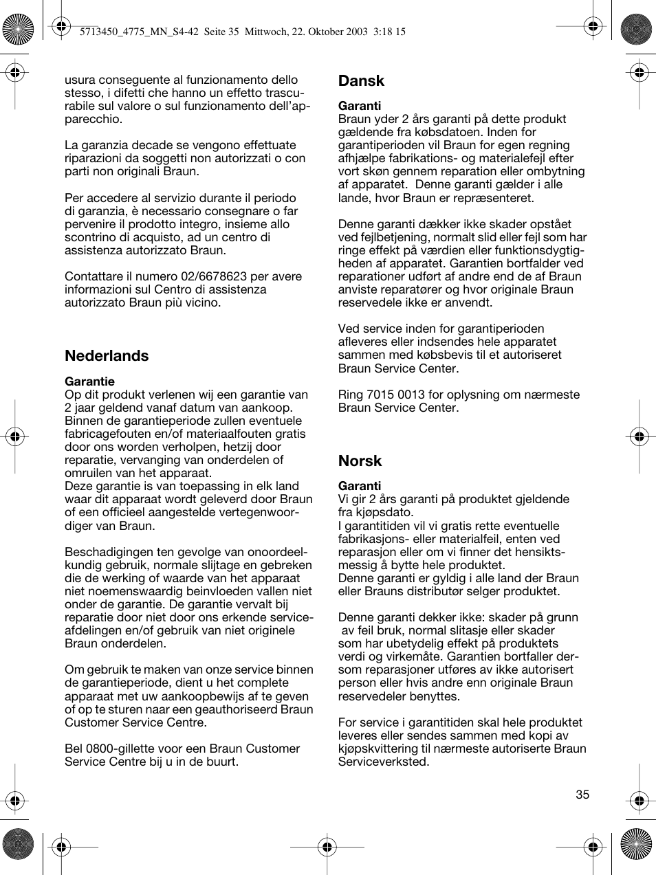 Nederlands, Dansk, Norsk | Braun 4775 TriControl User Manual | Page 35 / 40