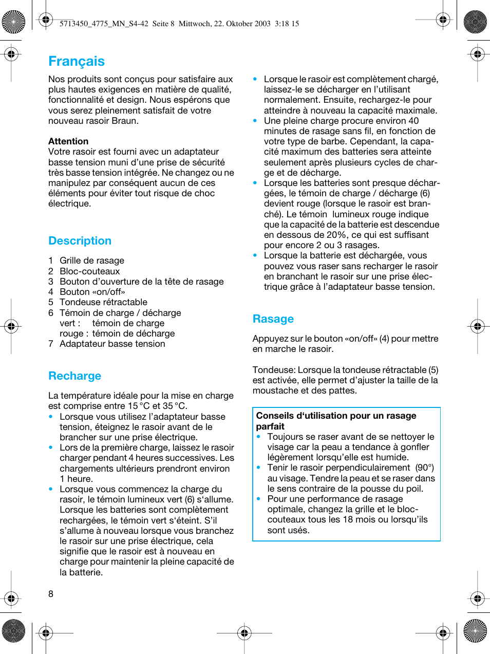 Français, Description, Recharge | Rasage | Braun 4775 TriControl User Manual | Page 8 / 40