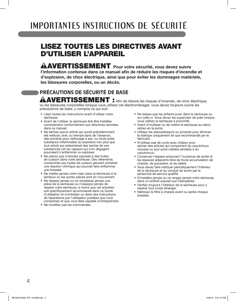 Wavertissement, Précautions de sécurité de base | LG DLEX3360W User Manual | Page 100 / 148