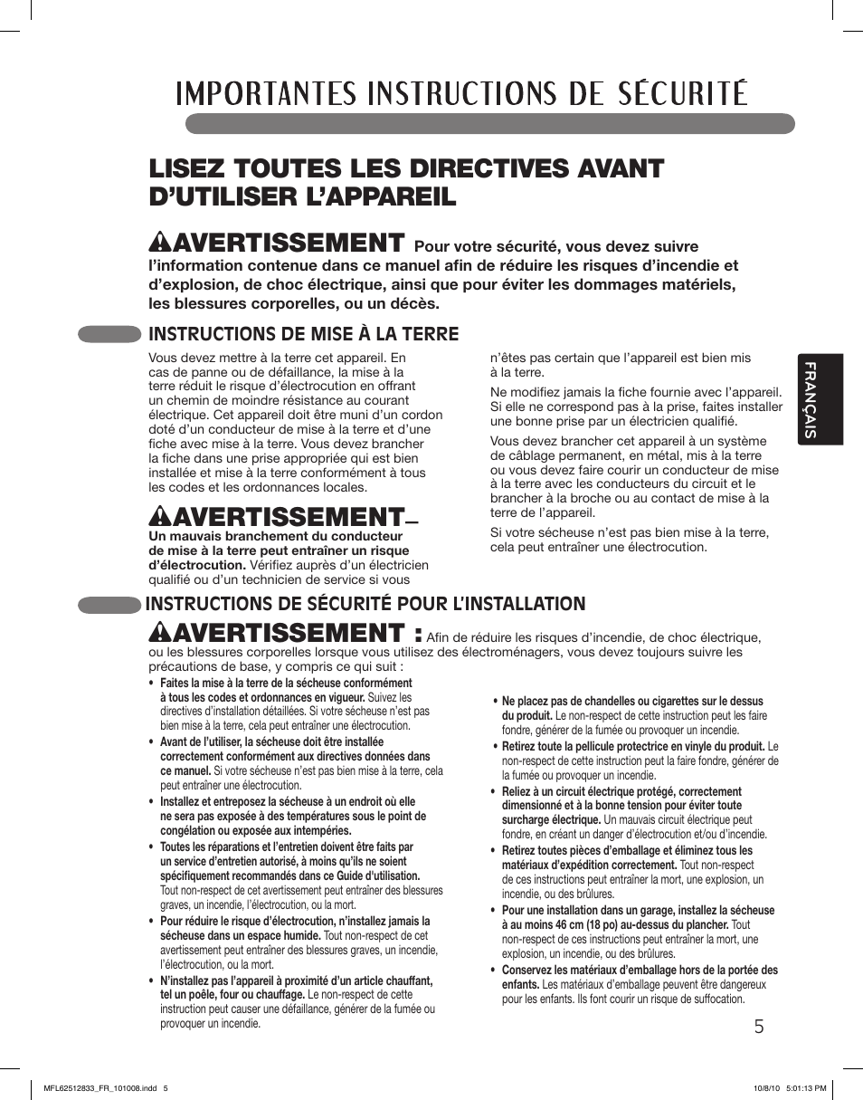 Wavertissement | LG DLEX3360W User Manual | Page 101 / 148