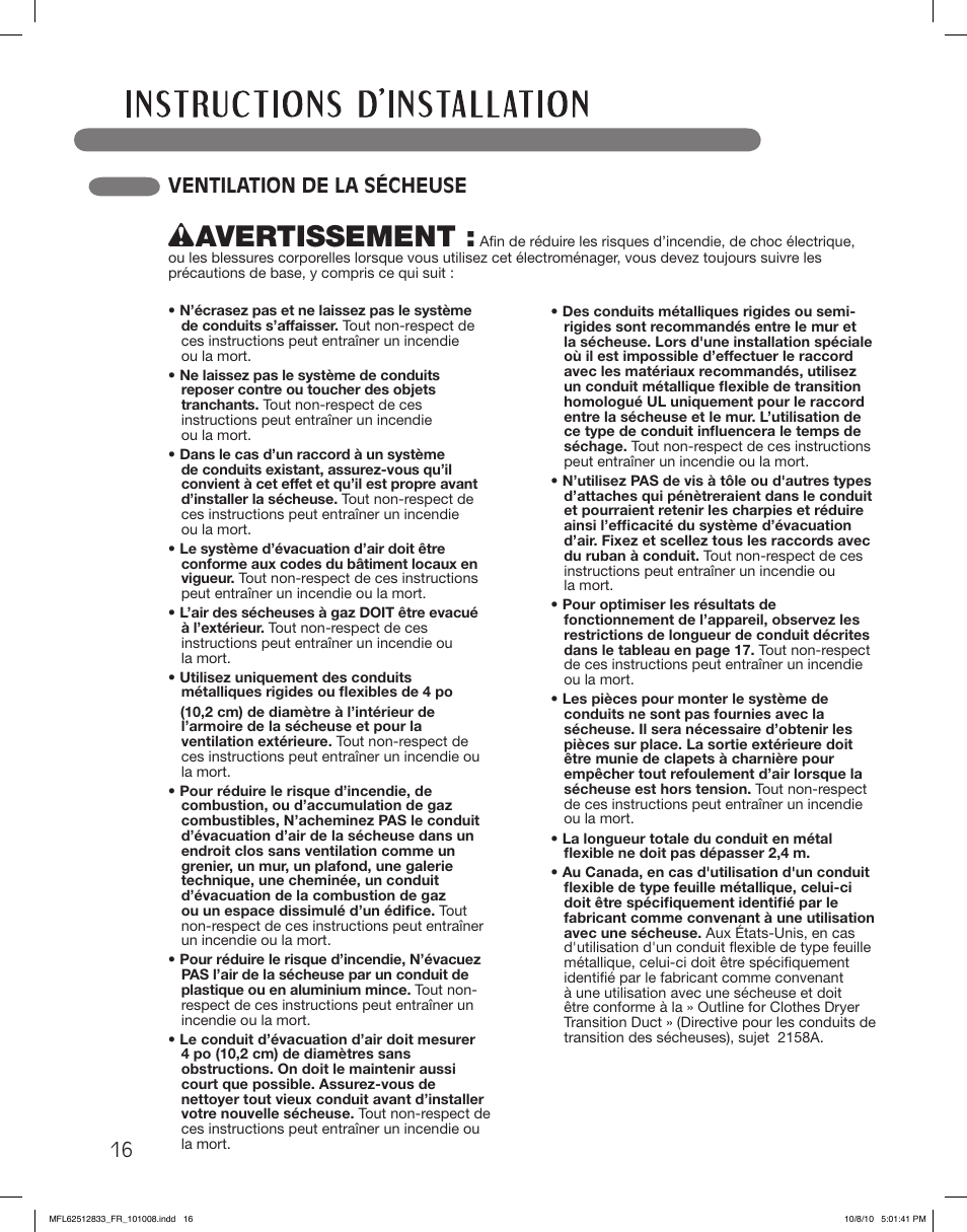 Wavertissement, Ventilation de la sécheuse | LG DLEX3360W User Manual | Page 112 / 148