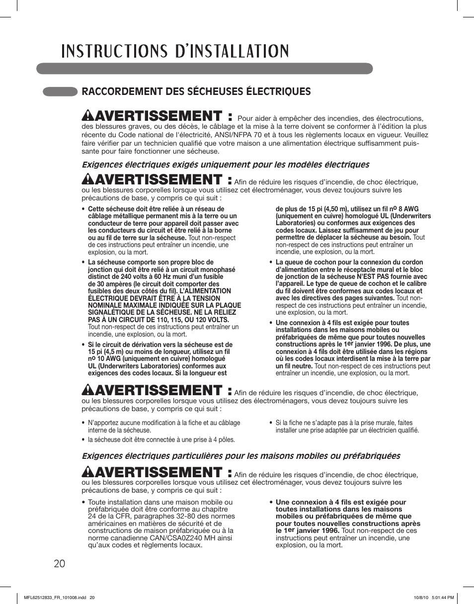 Wavertissement, 20 raccordement des sécheuses électriques | LG DLEX3360W User Manual | Page 116 / 148