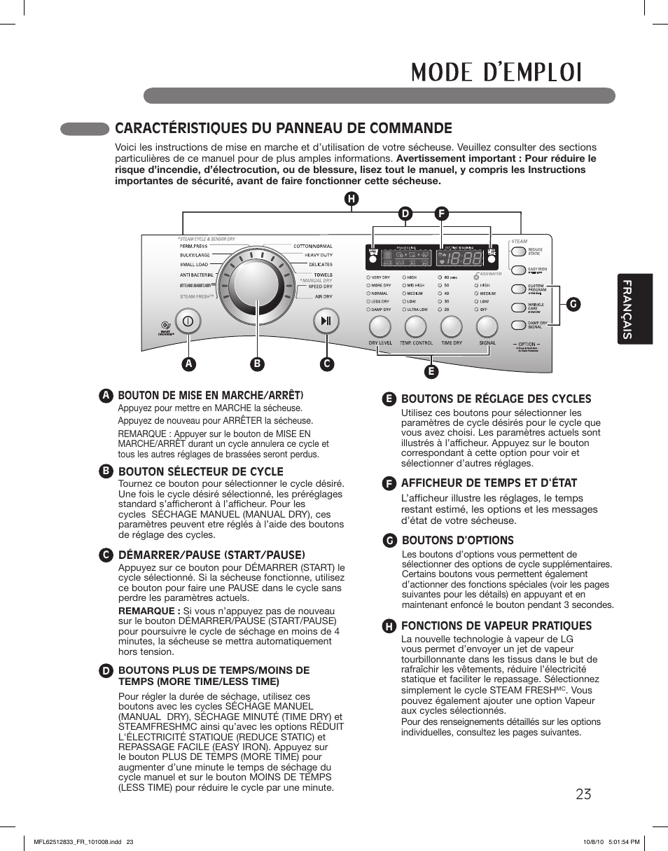Caractéristiques du panneau de commande, Français | LG DLEX3360W User Manual | Page 119 / 148