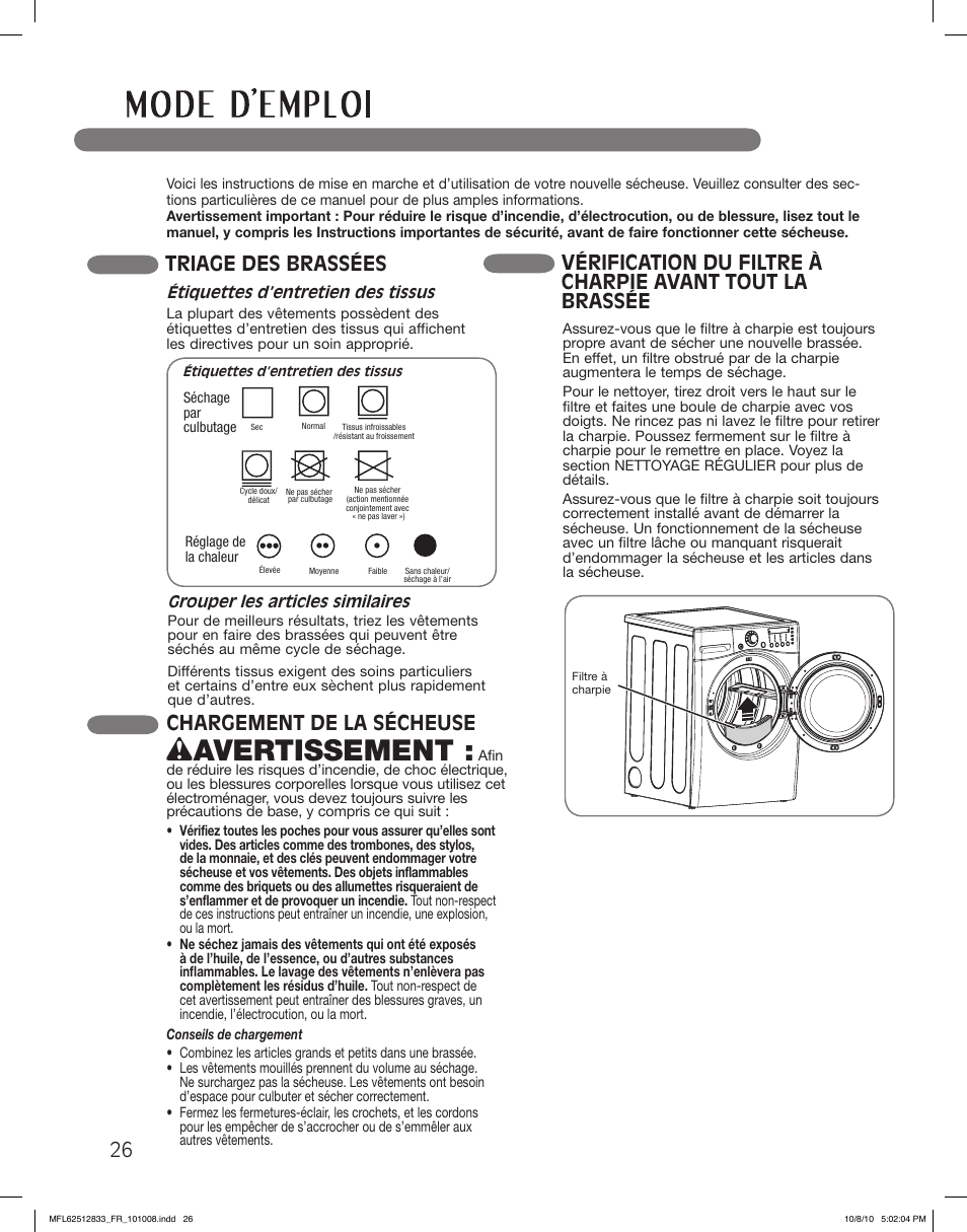 Wavertissement, Chargement de la sécheuse, Triage des brassées | LG DLEX3360W User Manual | Page 122 / 148