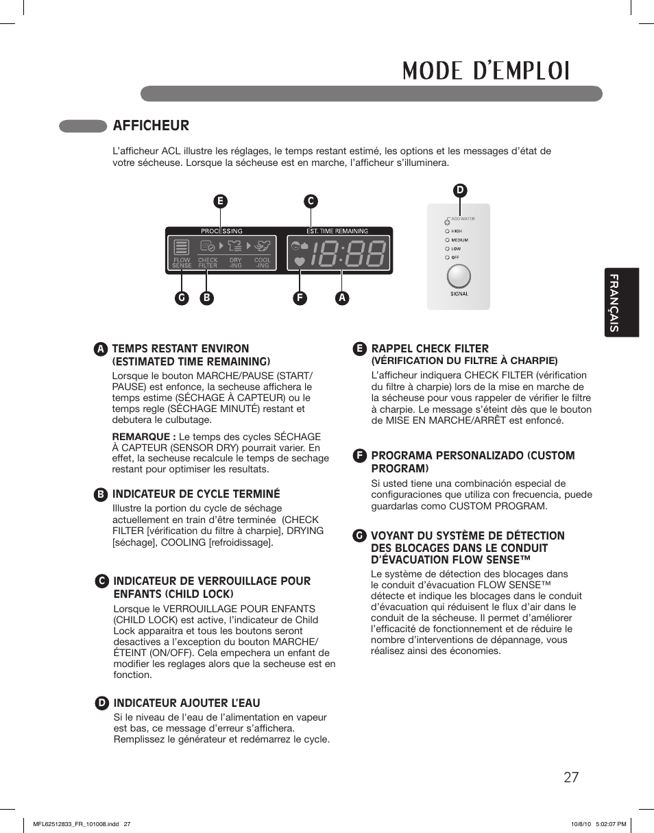 Afficheur | LG DLEX3360W User Manual | Page 123 / 148