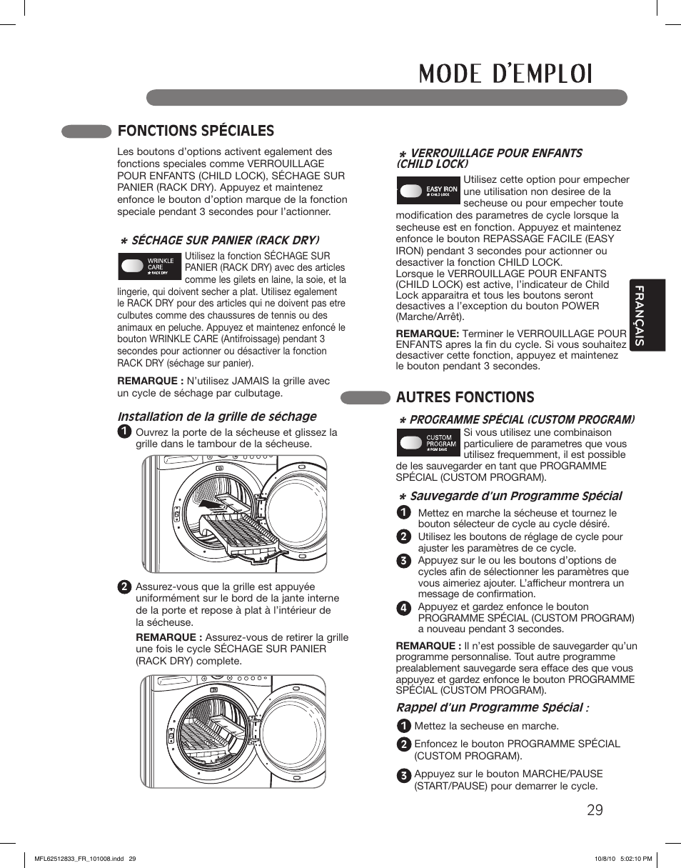 Fonctions spéciales, Autres fonctions | LG DLEX3360W User Manual | Page 125 / 148