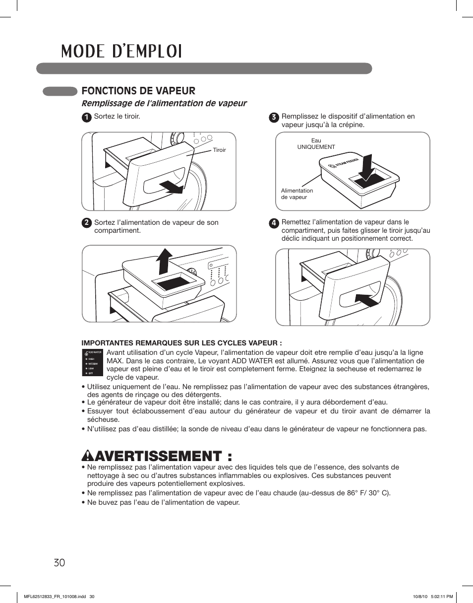 Wavertissement, Fonctions de vapeur | LG DLEX3360W User Manual | Page 126 / 148