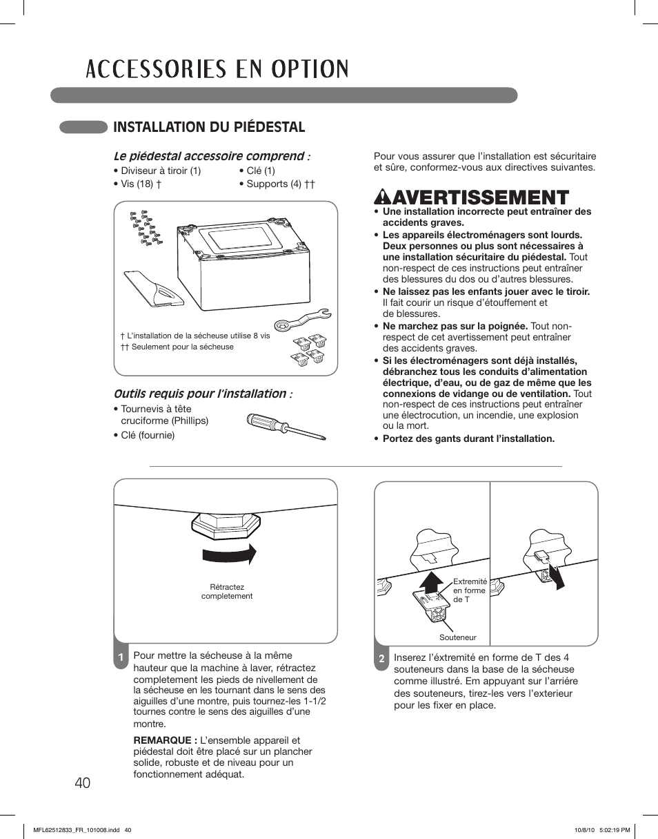 Wavertissement, Installation du piédestal | LG DLEX3360W User Manual | Page 136 / 148