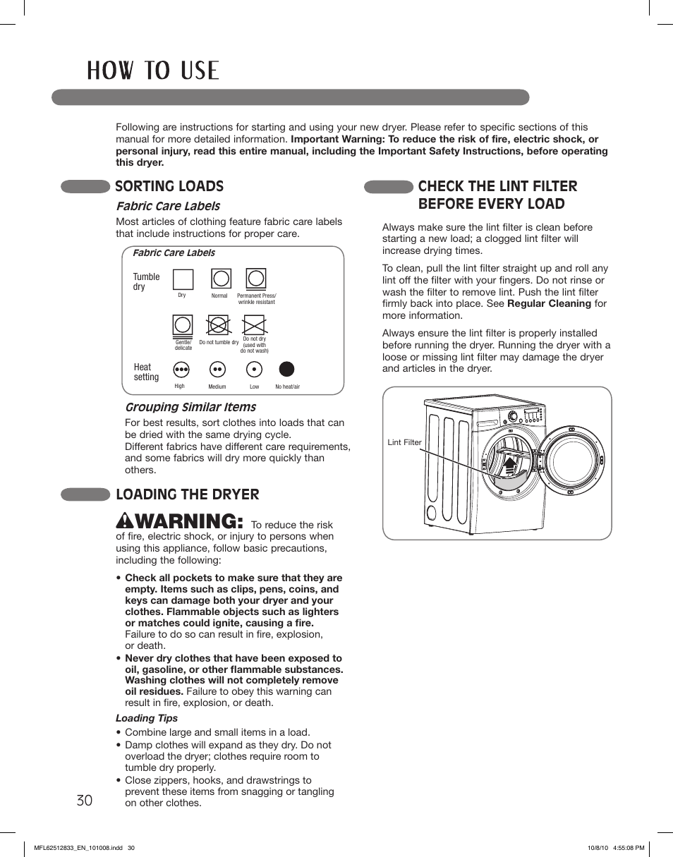 Wwarning, Sorting loads, Check the lint filter before every load | Loading the dryer | LG DLEX3360W User Manual | Page 30 / 148