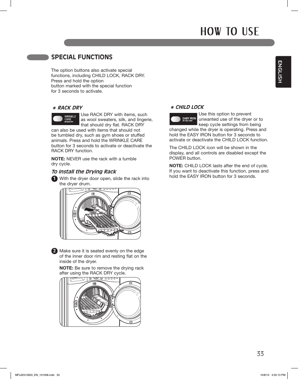 Special functions | LG DLEX3360W User Manual | Page 33 / 148