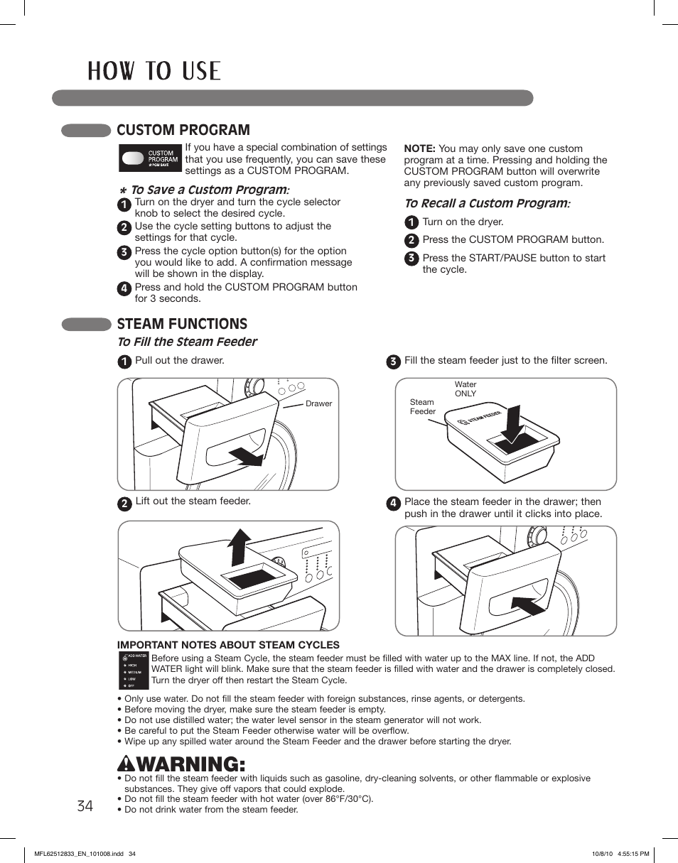 Wwarning, Custom program, Steam functions | LG DLEX3360W User Manual | Page 34 / 148