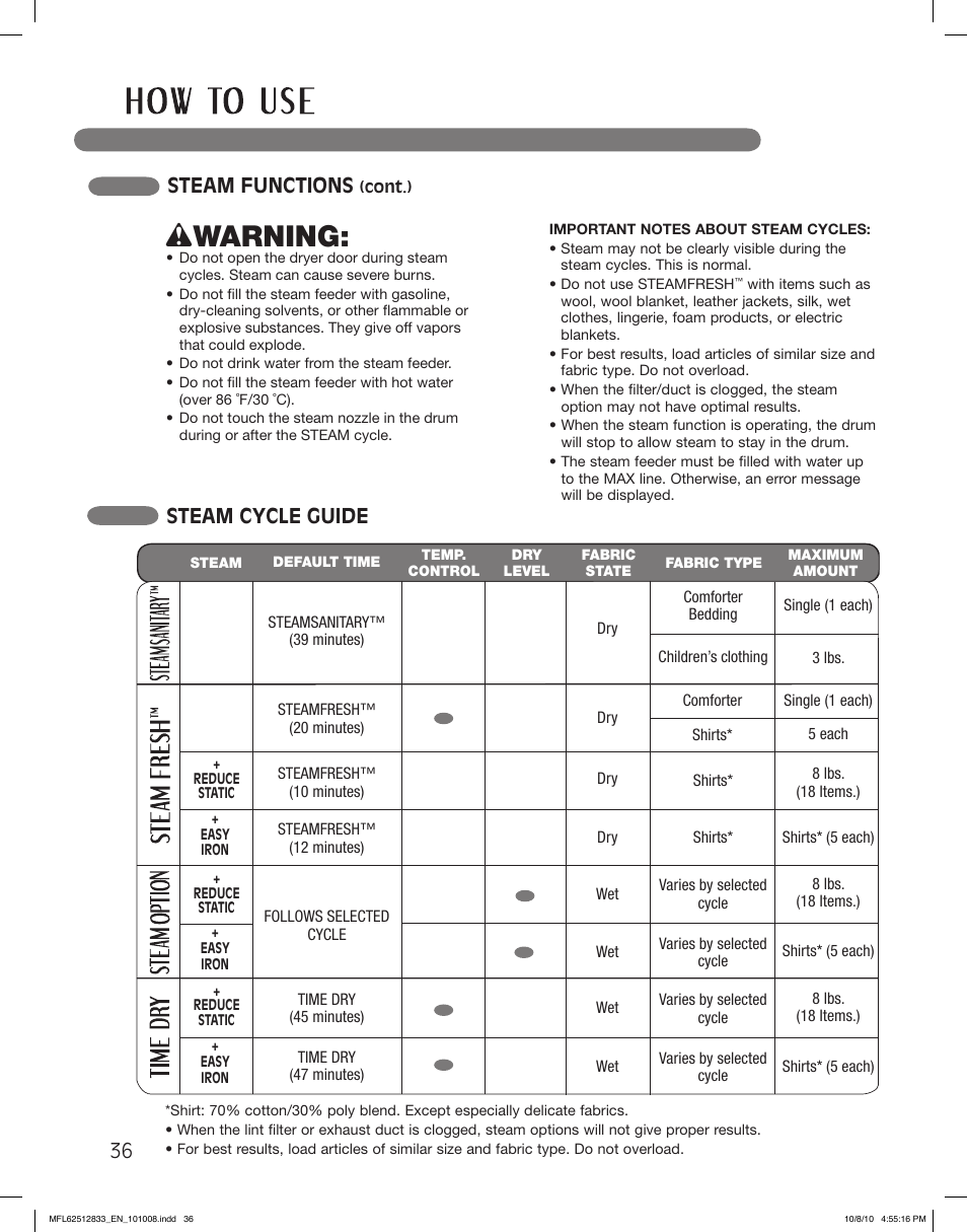 Wwarning, Steam cycle guide, Steam functions | LG DLEX3360W User Manual | Page 36 / 148