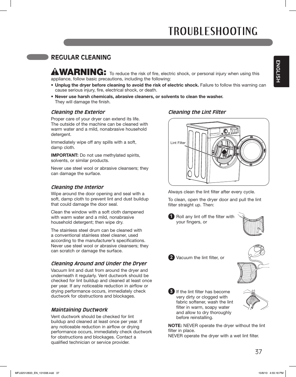 Wwarning, Regular cleaning | LG DLEX3360W User Manual | Page 37 / 148