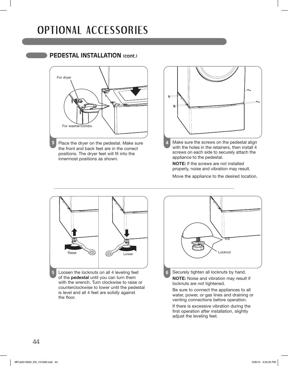 Pedestal installation | LG DLEX3360W User Manual | Page 44 / 148