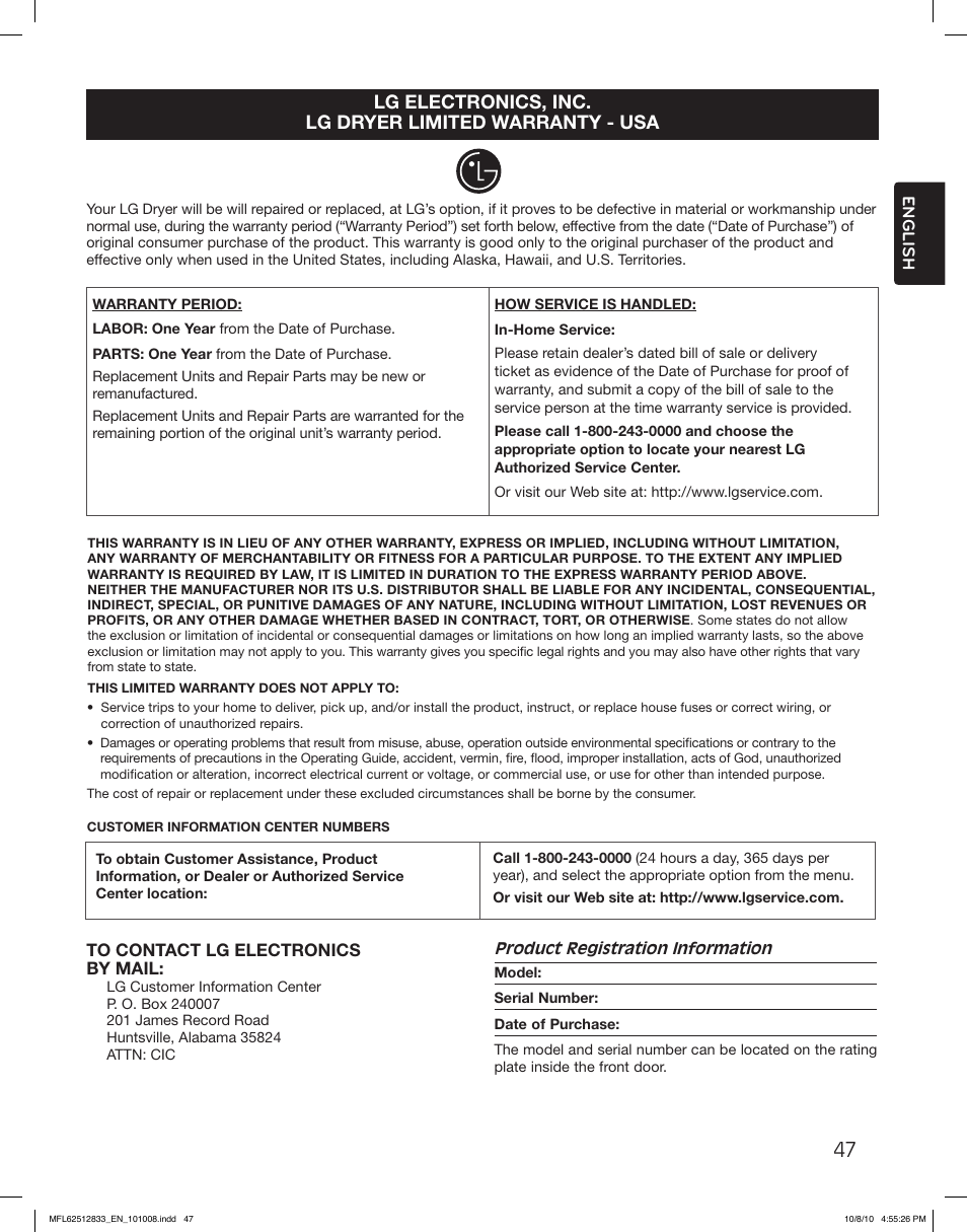 LG DLEX3360W User Manual | Page 47 / 148
