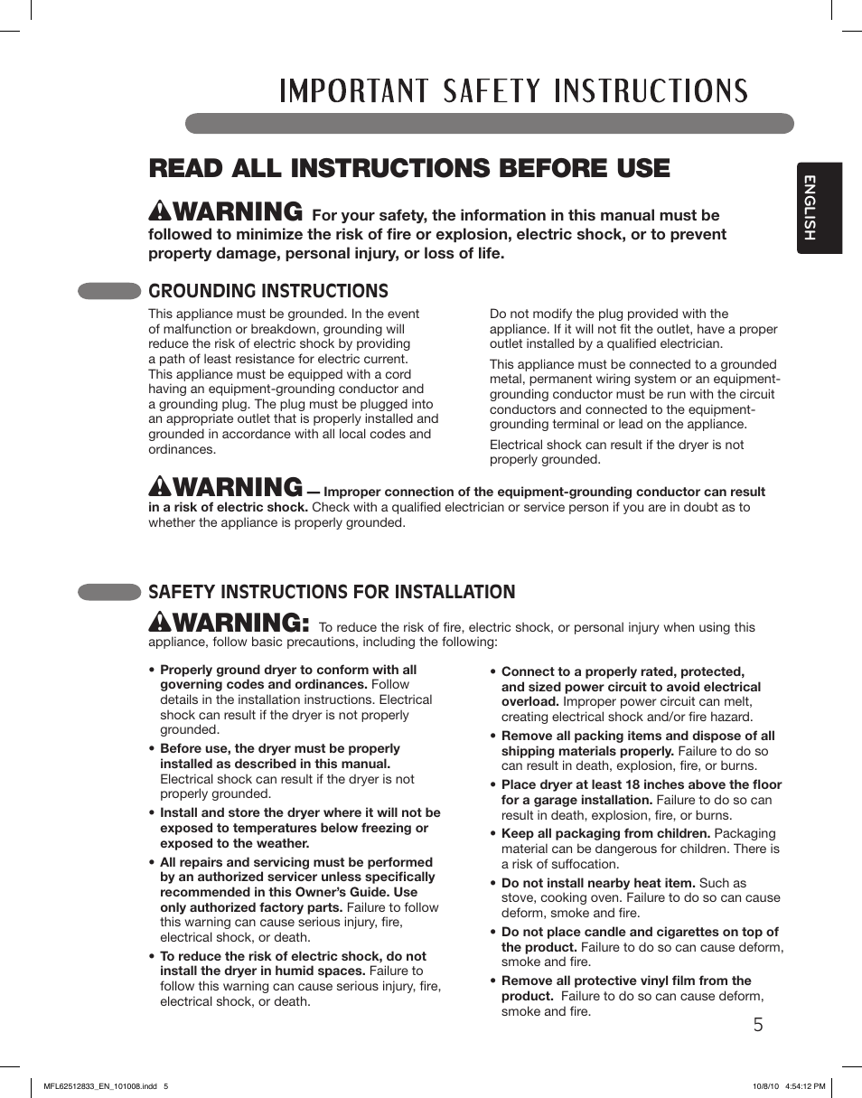 Wwarning, Read all instructions before use, Grounding instructions | Safety instructions for installation | LG DLEX3360W User Manual | Page 5 / 148