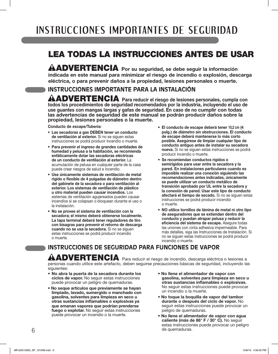 Wadvertencia | LG DLEX3360W User Manual | Page 54 / 148