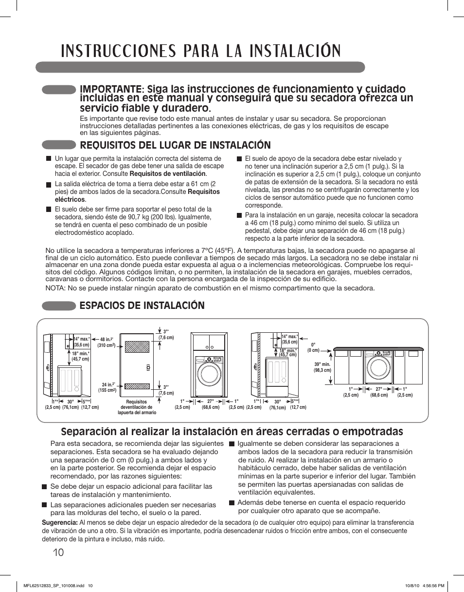 Espacios de instalación, Requisitos del lugar de instalación | LG DLEX3360W User Manual | Page 58 / 148