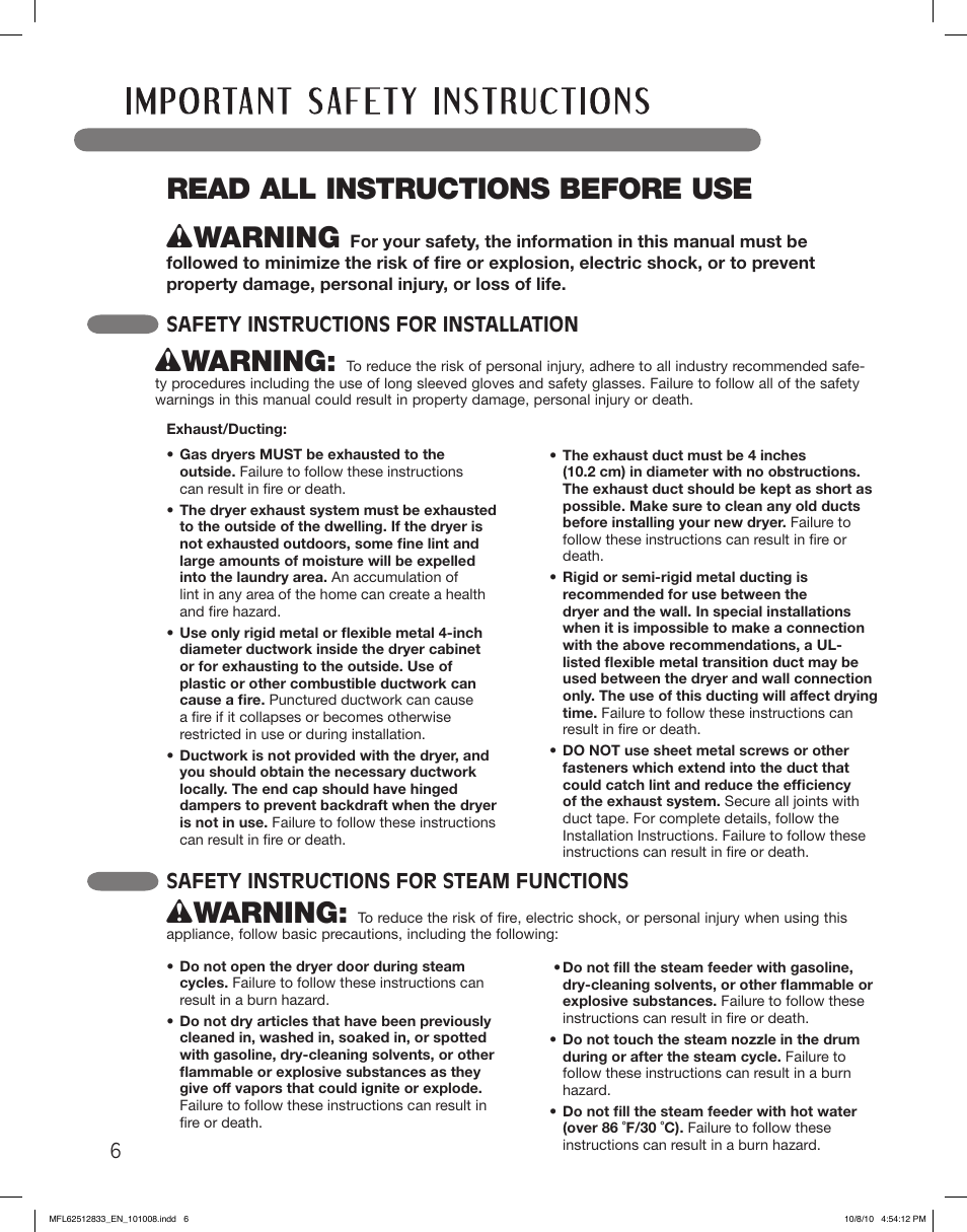 Read all instructions before use, Wwarning, Safety instructions for installation | Safety instructions for steam functions | LG DLEX3360W User Manual | Page 6 / 148