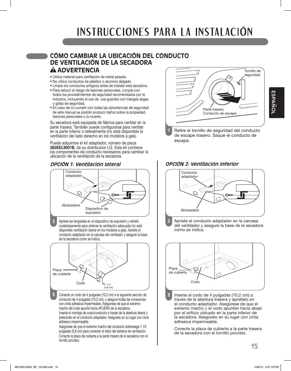 Advertencia, Esp anol | LG DLEX3360W User Manual | Page 63 / 148