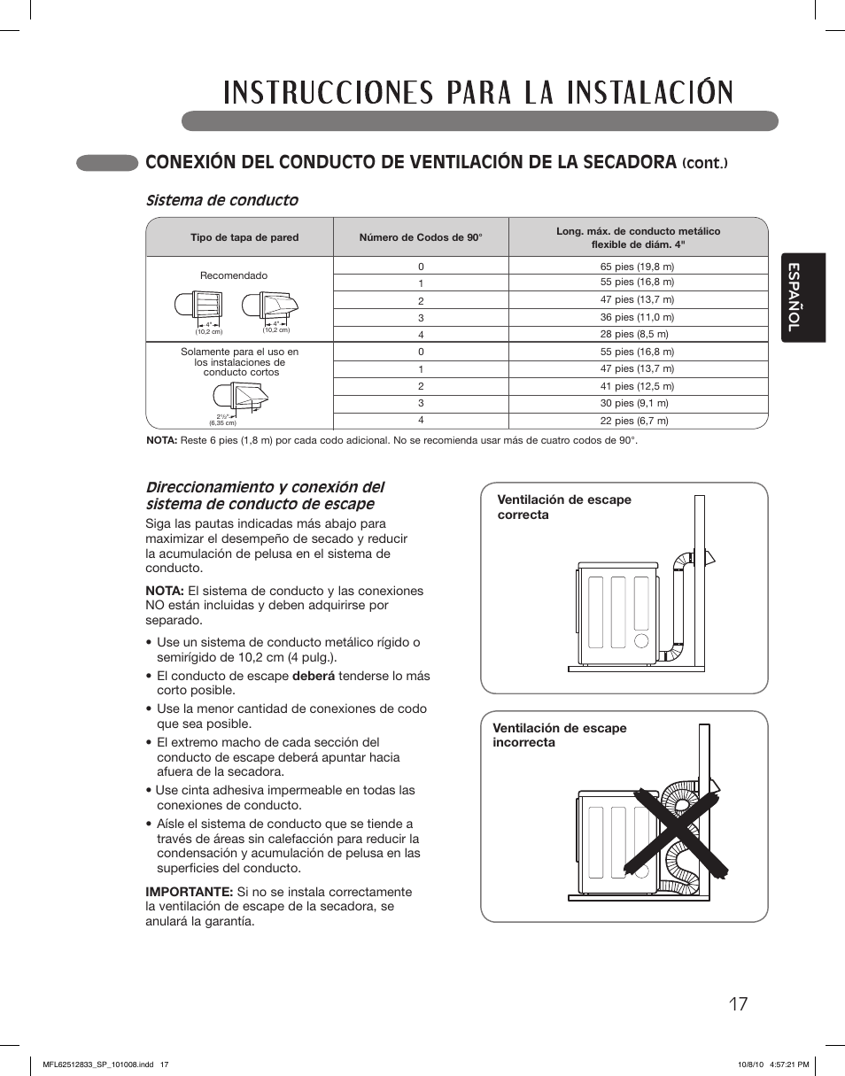 Esp anol, Sistema de conducto | LG DLEX3360W User Manual | Page 65 / 148
