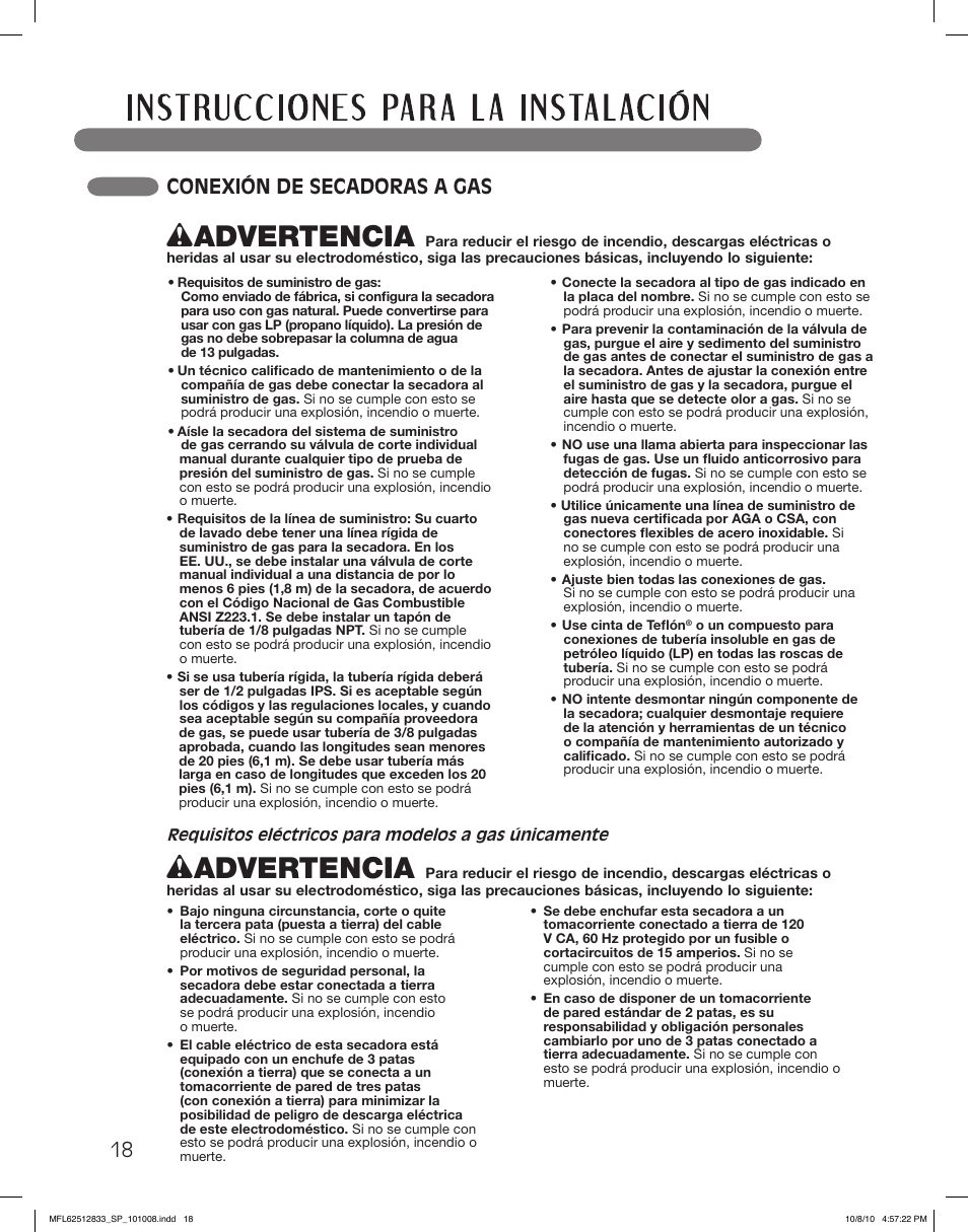 Wadvertencia, Conexión de secadoras a gas | LG DLEX3360W User Manual | Page 66 / 148