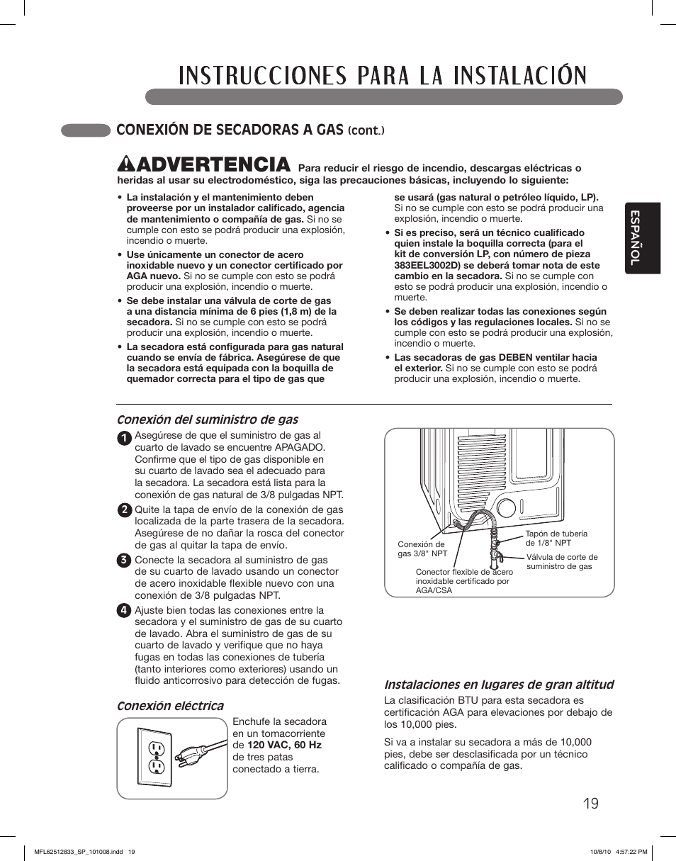 Wadvertencia, Conexión de secadoras a gas | LG DLEX3360W User Manual | Page 67 / 148