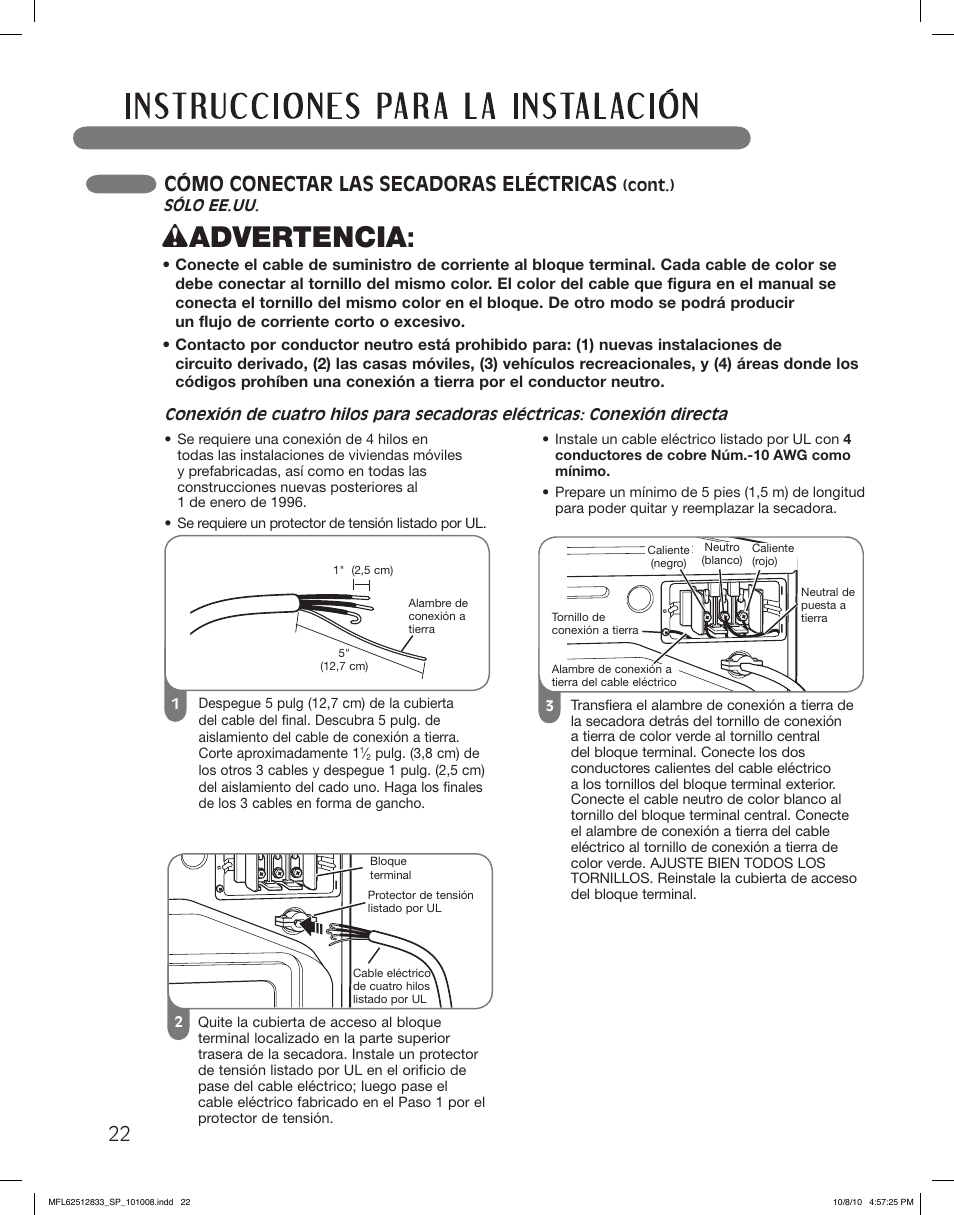 Wadvertencia, 22 cómo conectar las secadoras eléctricas | LG DLEX3360W User Manual | Page 70 / 148