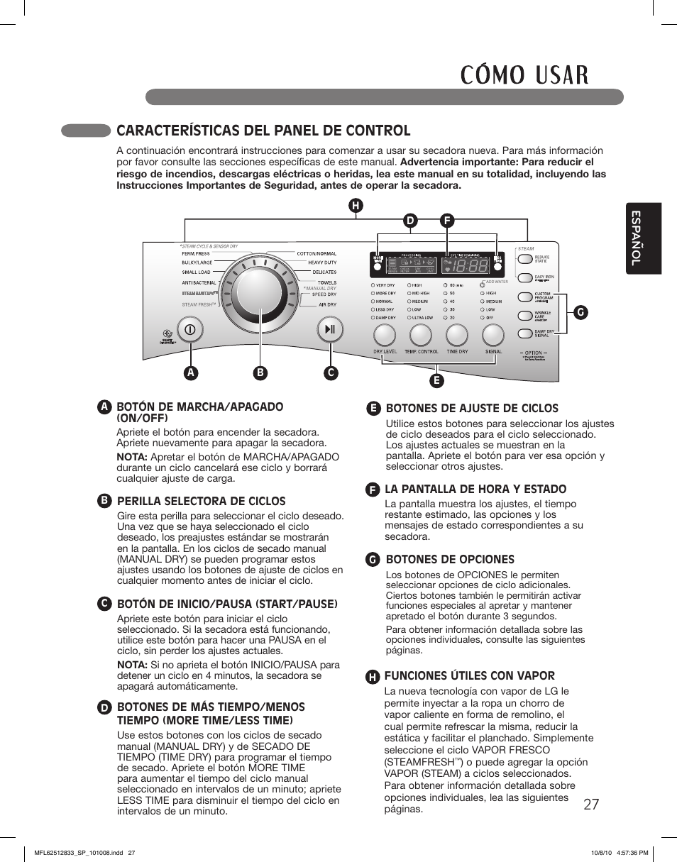 Características del panel de control | LG DLEX3360W User Manual | Page 75 / 148
