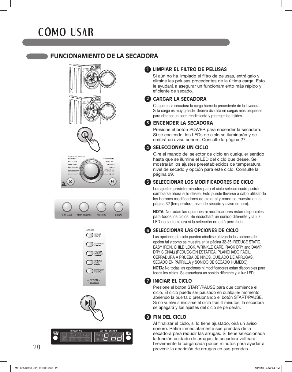 Funcionamiento de la secadora | LG DLEX3360W User Manual | Page 76 / 148