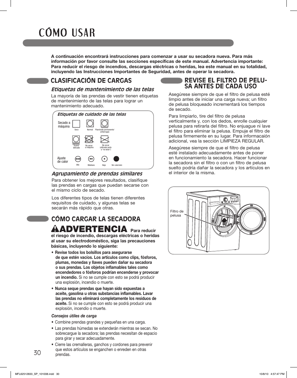 Wadvertencia, Clasificación de cargas, Cómo cargar la secadora | Revise el filtro de pelu- sa antes de cada uso | LG DLEX3360W User Manual | Page 78 / 148