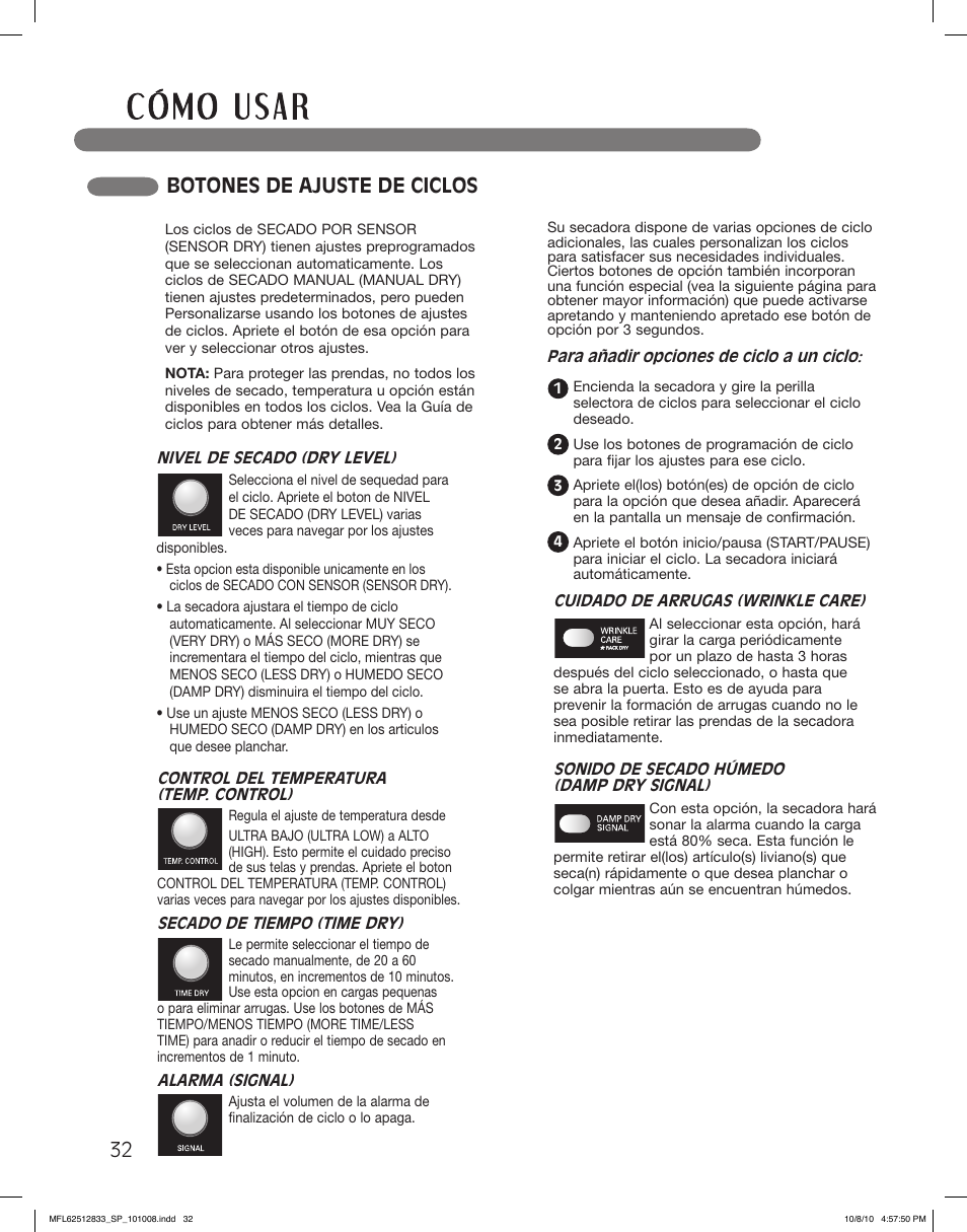 Botones de ajuste de ciclos | LG DLEX3360W User Manual | Page 80 / 148
