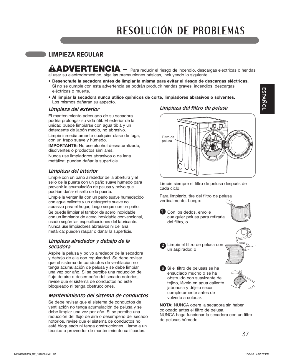 Wadvertencia, Limpieza regular | LG DLEX3360W User Manual | Page 85 / 148